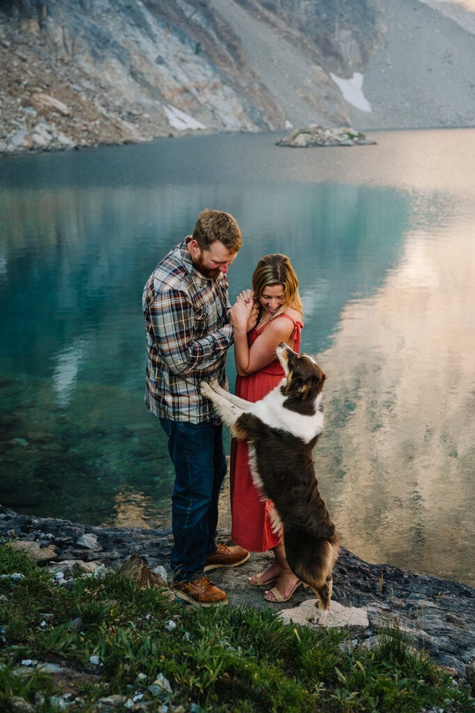 A couple stands holding hands at chest level as their dog jumps up to say hello. This couple included hiking in their engagement session in Stanley, Idaho.