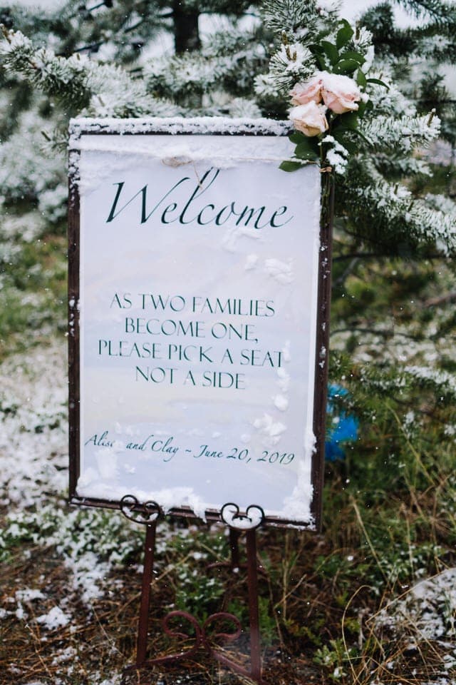 Wedding welcome sign ideas for a Wedding details covered in snow at a Redfish Lake Lodge Wedding in Stanley, Idaho.