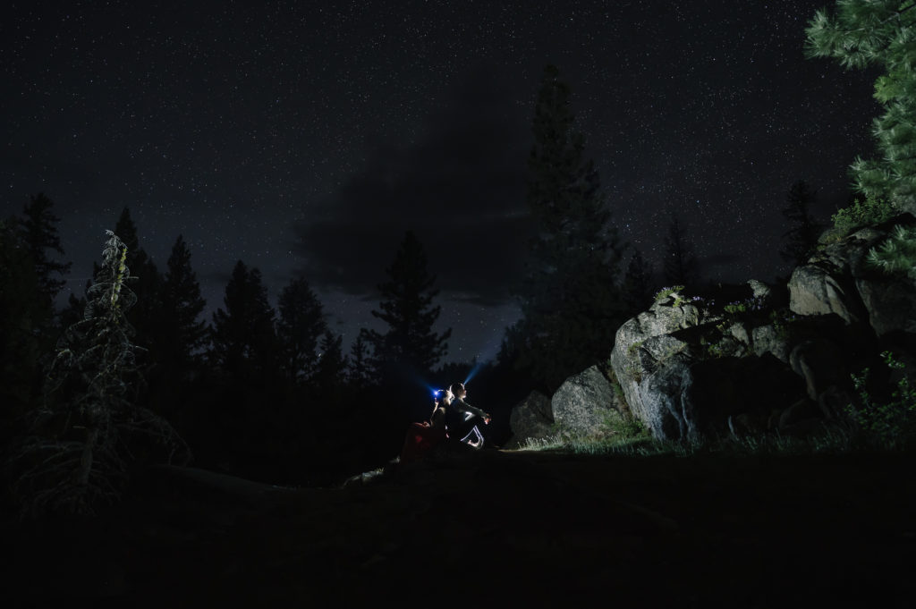 Couple sits with their backs touching in the dark. They are wearing headlamps. The night sky is above them. 