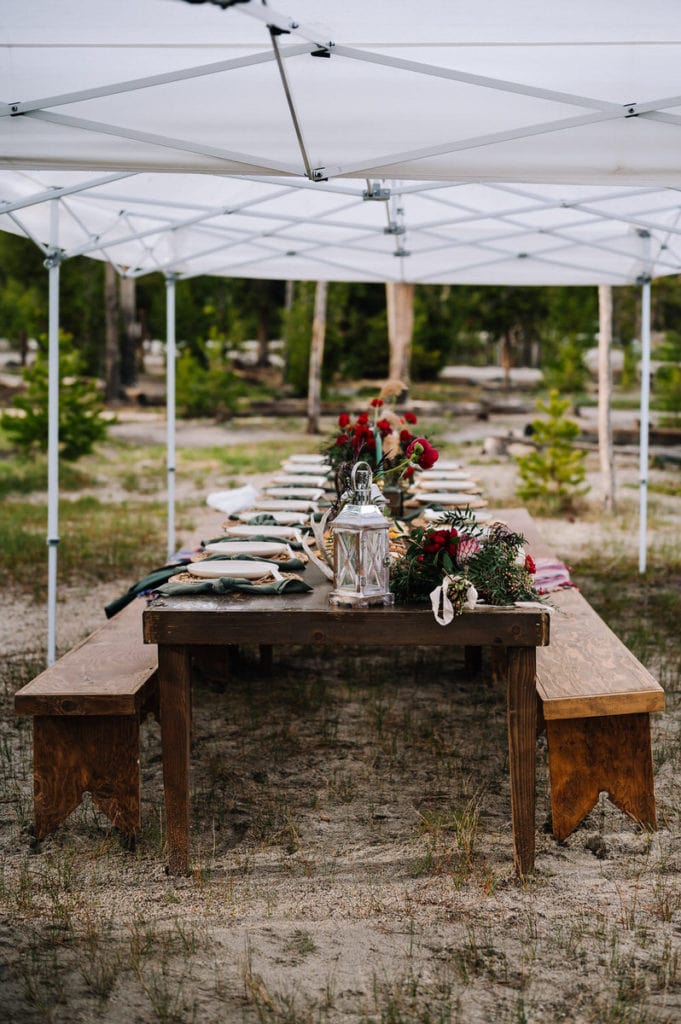 Detail photo of a reception table at a Redfish Lake wedding. Table is set with beige plates and sage green napkins. Table is decorated with deer antlers and red ranunculus and seeded eucalyptus greenery flower arrangements. There are wood benches on either side of the table.